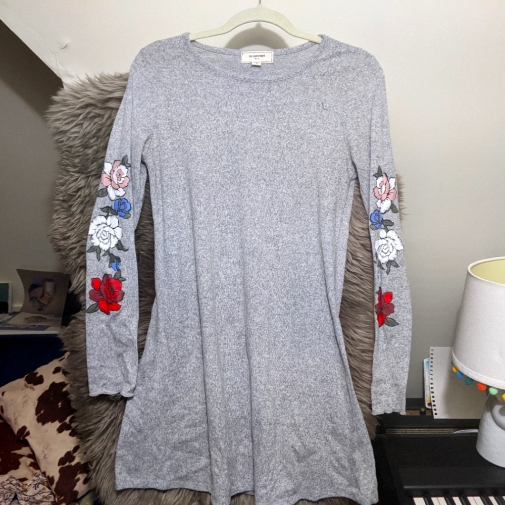 Floral Decal LS Grey Super Soft Sweater Dress, small